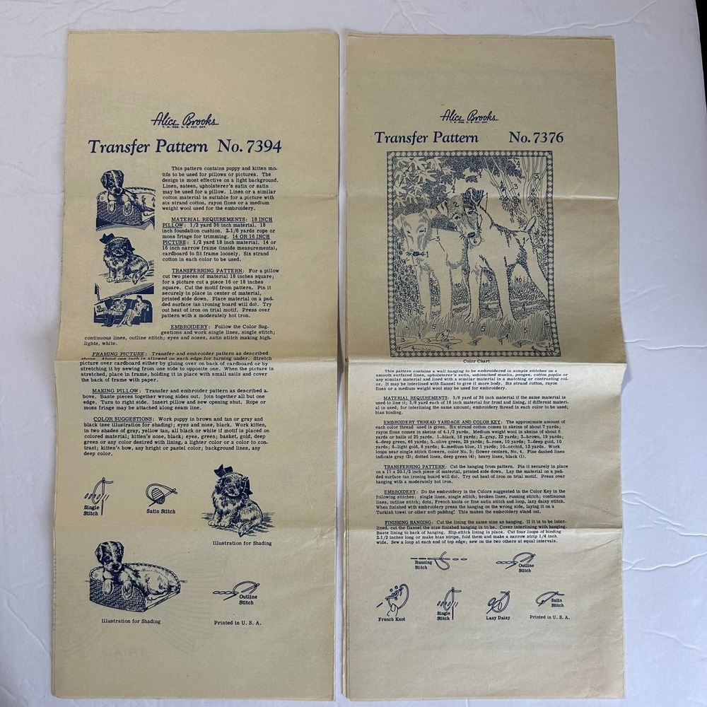 Antique Alice Brooks Embroidery Transfer Patterns‎ #7376 & #7394 HTF Lot of 2